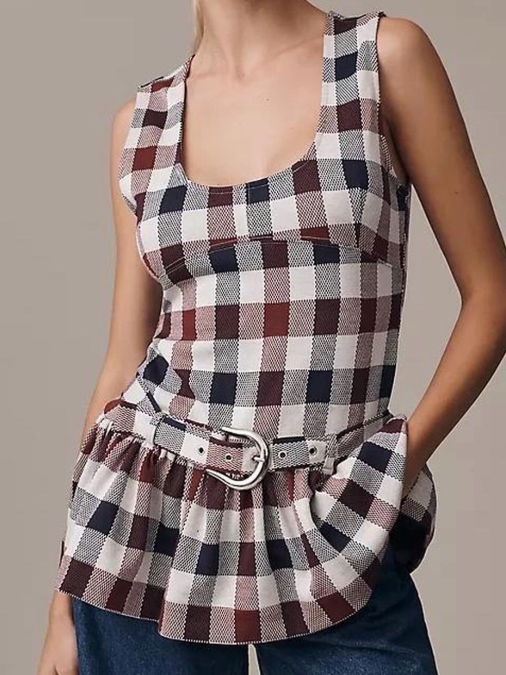 NWT Anthropologie Maeve Belted Drop-Waist Peplum Tank Top Plaid Size M